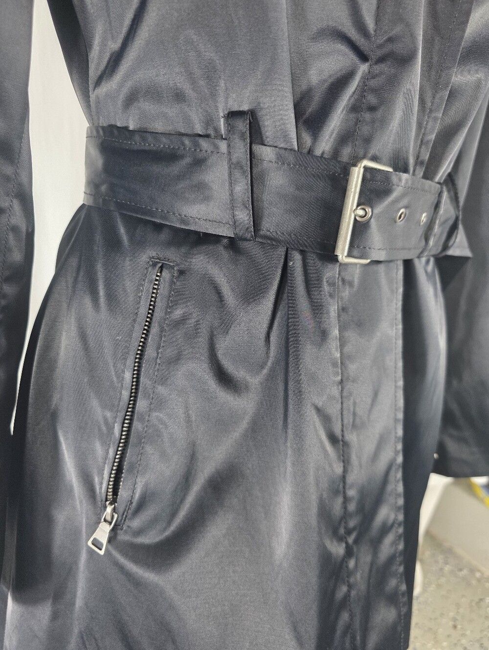 Mossimo Sexy Black Belted Trench Coat S Whimsy Goth Dark Academia Matrix Rain - Picture 6 of 16